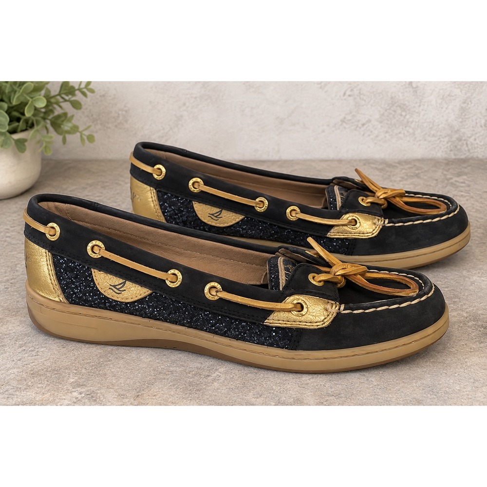 SPERRY 6 Shoes Top Slider Angelfish Gold Glitter Boat Loafers Coastal Nautical